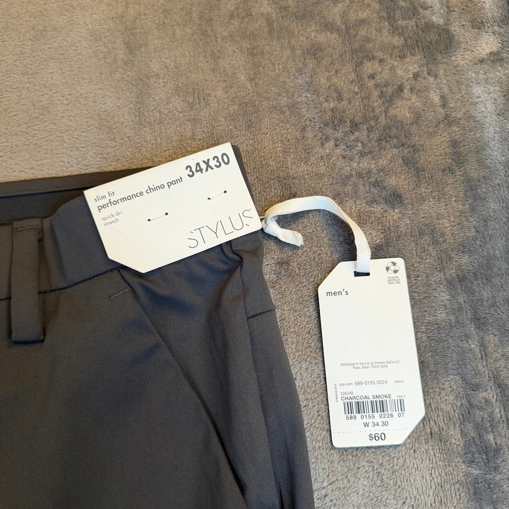 Stylus Slim Fit Performance Chino Pants Charcoal Quick Dry Stretch Mens 34x30